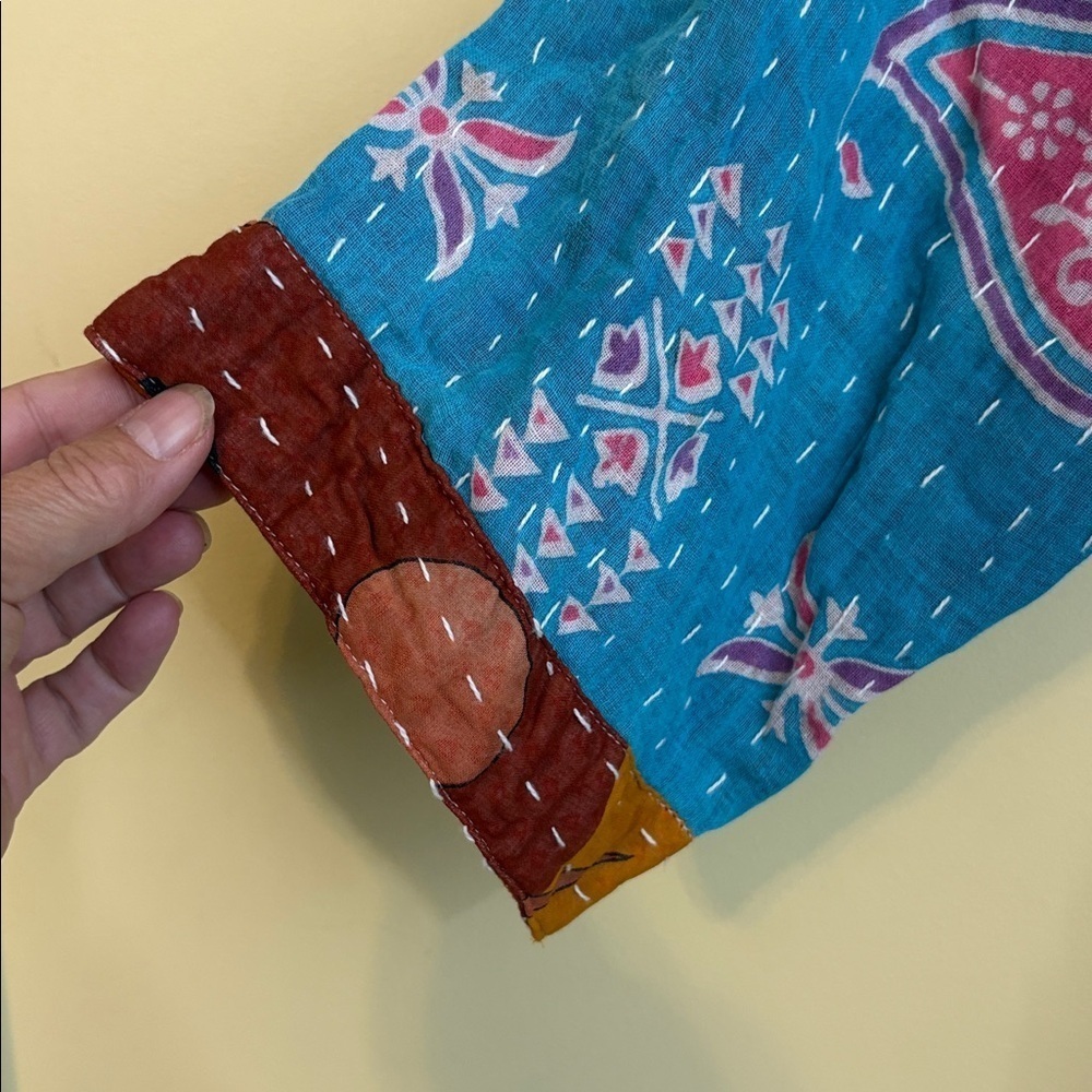 Handmade India Kantha Stitch Cotton Floral Contrast Tie Pockets Duster Cardigan - Picture 12 of 17